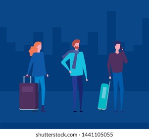 woman and men with casual clothes and hairstyle with baggage