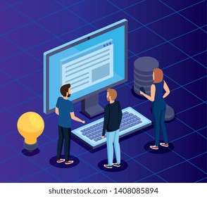 woman and men with computer technology and digital document