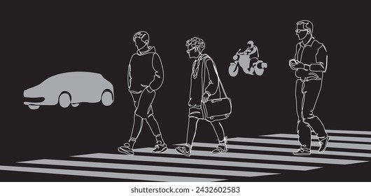 Mujer y hombres cruzando la calle con paso peatonal de cebra. Siluetas de coche y moto sobre fondo negro. Dibujo de una sola línea. Dibujado a mano ilustración vectorial.