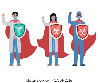 woman and men doctors heroes with capes and shield against 2019 ncov virus design of Covid 19 cov infection and medical theme Vector illustration