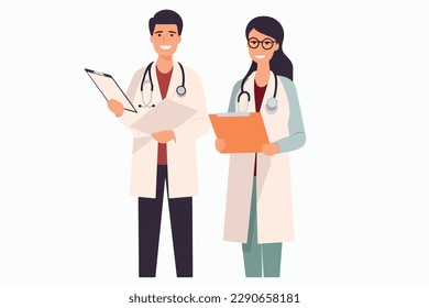 woman and men doctors holds a medical record and smile on a white background, vector flat illustration, Medical concept, Health сare сoncept