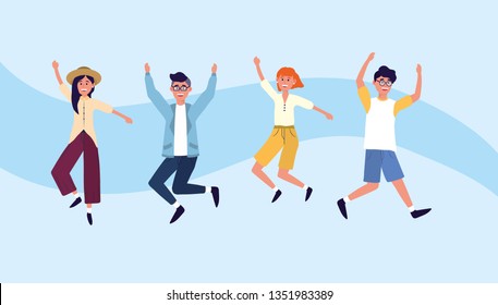 woman and men friends jumping with casual clothes