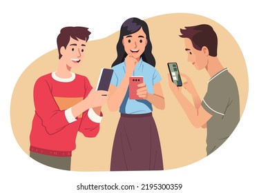 Woman, men friends using mobile cell phones together. Smiling smartphone users persons surfing on Internet, communicating online. Gadget addiction, communication technology flat vector illustration