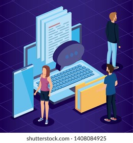 woman and men with laptop and smartphone technology with chat bubble and folder