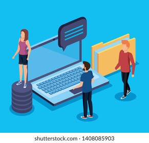 woman and men with laptop technology and chat bubble with folder