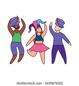 Woman and men with mardi gras hats design, Party carnival decoration celebration festival holiday fun new orleans and traditional theme Vector illustration