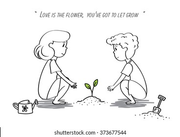 woman and men plant tree together save the environment nature with watering can trowel doodle cartoon character design vector illustration
