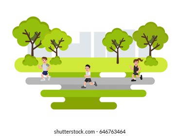 Woman and Men running in the park. Flat cartoon style vector illustration.