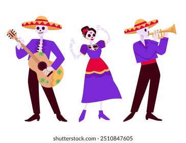 Frau und Männer Skelett mit bemalten Zucker Schädel tanzen und spielen auf Musikinstrument Vektor flache Illustration. Dia de los muertos, Tag der Toten, mexikanischer Feiertag. Catrina und Mariachi Musiker