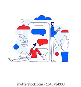 Woman and men is standing with office icons on the background. Multitasking and time management concept. Effective management. Vector illustration.
