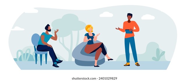 Woman and men talking against a background of trees and bushes.A woman and men are talking against a background of trees and bushes. Discussion. Friends chatting. Employee dialogues. Informal