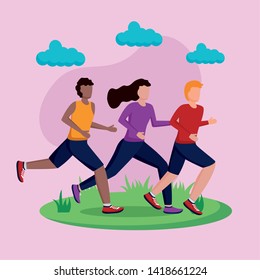 woman and men training running activity vector illustration