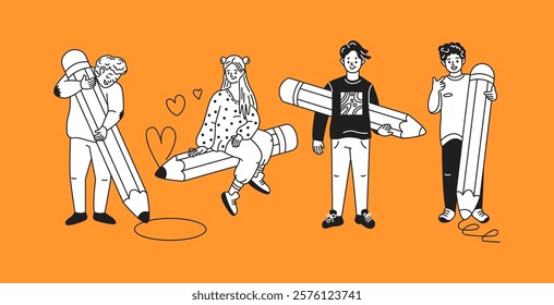 Woman and men use oversized pencils linear icons collection. Young people reflect inspiration doodle characters on orange background