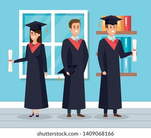 woman and men wearing rope and cap with bookcase