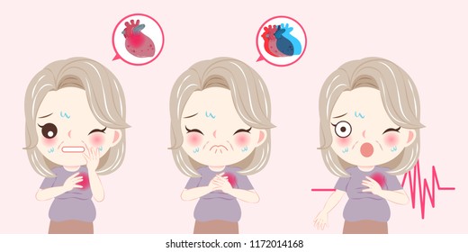 woman with menopause and heart pain problem on he pink background