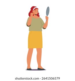 Woman in menopause looking at mirror and seeing thin dry skin consequences due to hormonal changes standing isolated on white background. Female health and gynecology problems vector illustration