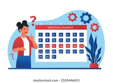 Woman With Menstrual Calendar. Gynecology And Ovulation. Young Girl Standing Next To Calendar. Hygiene Date, Scheduling. Anatomy And Biology, Period And Cycle. Cartoon Flat Vector Illustration