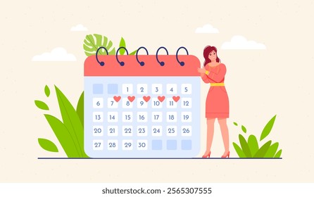 Woman menstrual calendar. Menstruation ovulation periods, menses cycle planning female reproduction health care hygiene monthly schedule control girl gynecology vector illustration original artwork