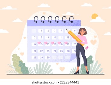 Woman with menstrual calendar. Young girl marks dates with pencil. Ovulation, biology and gynecology. Hormone and protection, regular period. Poster or banner. Cartoon flat vector illustration