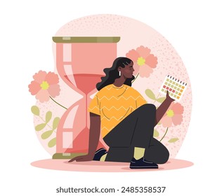 Woman with menstrual calendar. Young girl with calendar near hourglass and flowers. Female reproductive system and fertility, menstruation. Anatomy and biology. Flat vector illustration