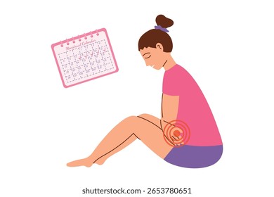 Mulher com dores menstruais senta-se no chão ao lado do calendário. Espasmos.