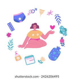 Woman and menstrual period. A girl with a heart in her hand sitting on the floor with various period accessories around her. Comfort period time. Bodypositive concept