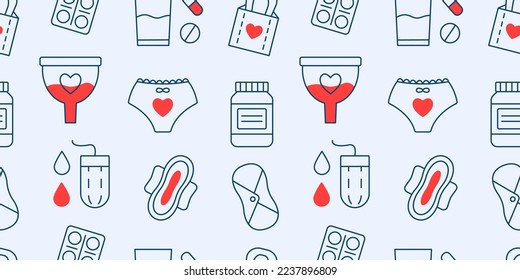 Woman Menstruation seamless pattern with line icons set. Sanitary Pad, Tampon, Menstrual Cup, Cloth pads, Blood Drop, Pills. Female hygiene repeat background texture. Vector illustration.