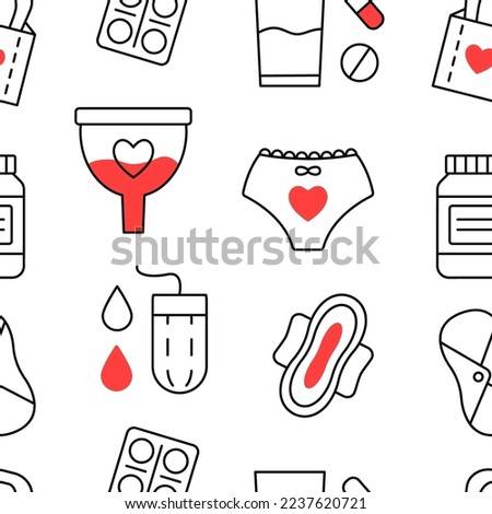Woman Menstruation seamless pattern with line icons set. Sanitary Pad, Tampon, Menstrual Cup, Cloth pads, Blood Drop, Pills. Female hygiene repeat background texture. Vector illustration.