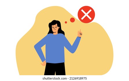 A woman and a mental bubble with the sign of the cross. Disagreement, wrong decision, ban. Vector business illustration, office worker