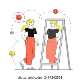 Woman with mental disorder. Young girl with psychological problems. Person with anorexia look at mirror. Negative feelings and emotions. Linear vector illustration isolated on white background