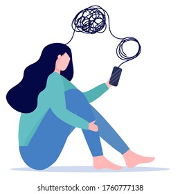 Woman with mental health problems have online psychotherapy session by using her smartphone. Concept of online emotional and psychological support. Vector flat illustration