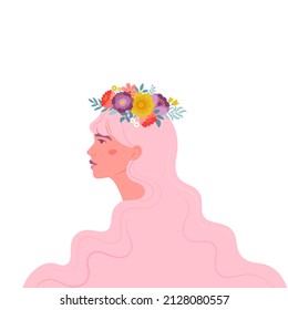 Woman mental health support. Floral wreath on the head. Online psychological therapy. Positive mind and thoughts. Help for the stress and depression.