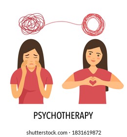 A woman with mental problem causes sadness and need treatment in order to have a good mood. Psychotherapy. Mental illness healthcare.