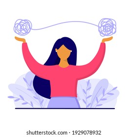 Woman with mental problems, anxiety, depression. Psychotherapy and psychology concept. Flat style vector illustration.