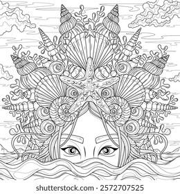 A Woman mermaid in a crown of sea shells emerges from the sea.Coloring book antistress for children and adults. Illustration isolated on white background. Hand draw