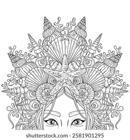 A Woman mermaid in a crown of sea shells.Coloring book antistress for children and adults. Illustration isolated on white background. Hand draw