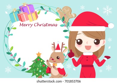 woman with merry christmas on the blue background