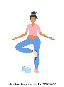 Woman with mess hair try to calm down during coronavirus quarantine. Psychotherapy by standing in yoga asana. Meditation to save mental health from anxiety, depression, stress. Flat isolated on white.