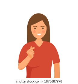 A woman with message of love hand gesture. Hand fold into heart symbol. Korean symbol finger heart design vector illustration on white background.
