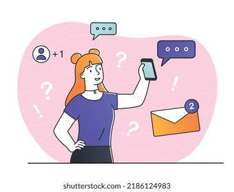 Woman with messages. Young girl with smartphone communicates with friends. Modern technologies and digital world. Internet and social networks, instant messengers. Cartoon flat vector illustration