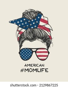 Woman messy bun hairstyle with American flag headband and glasses hand drawn vector illustration 