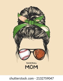 Woman messy bun hairstyle with Baseballs headband and glasses, hand drawn vector illustration 
