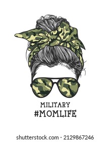 Woman messy bun hairstyle with camo headband and glasses hand drawn vector illustration 