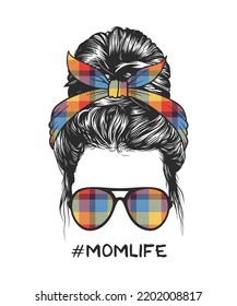 Woman messy bun hairstyle with colorful square pattern headband and glasses vector illustration