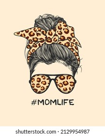 Woman messy bun hairstyle with leopard pattern headband and glasses hand drawn vector illustration 