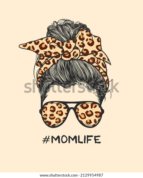 Woman messy bun hairstyle with\
leopard pattern headband and glasses hand drawn vector illustration\
