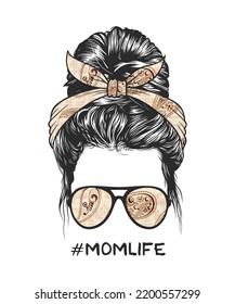 Woman messy bun hairstyle with retro flowers pattern headband and glasses vector illustration