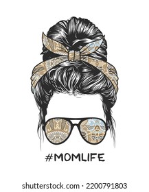 Woman messy bun hairstyle with retro flowers pattern headband and glasses illustration
