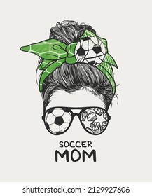 Woman messy bun hairstyle with soccer headband and glasses, hand drawn vector illustration 