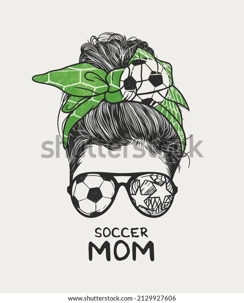 Woman messy bun hairstyle with\
soccer headband and glasses, hand drawn vector illustration\
